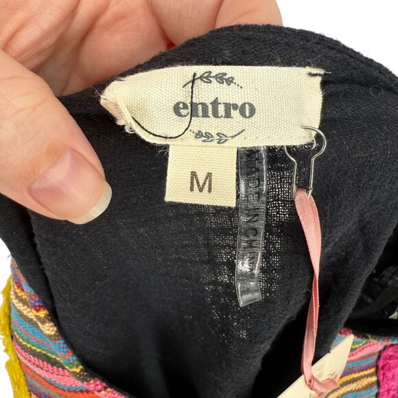 Entro Short Sleeve Top MEDIUM Fringe Trim Black Cotton V-Neck Boho Aztec Rainbow - Picture 5 of 14